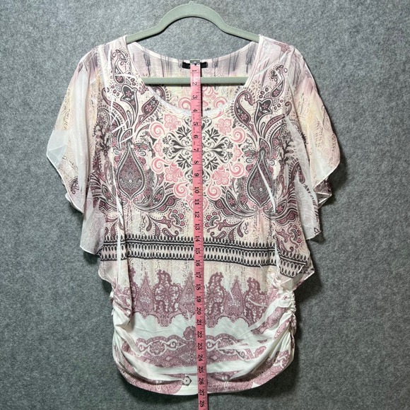 Espresso Paisley Flutter Sleeve Ruched Tunic Top Sheer Overlay Pink Beige L - Picture 4 of 6